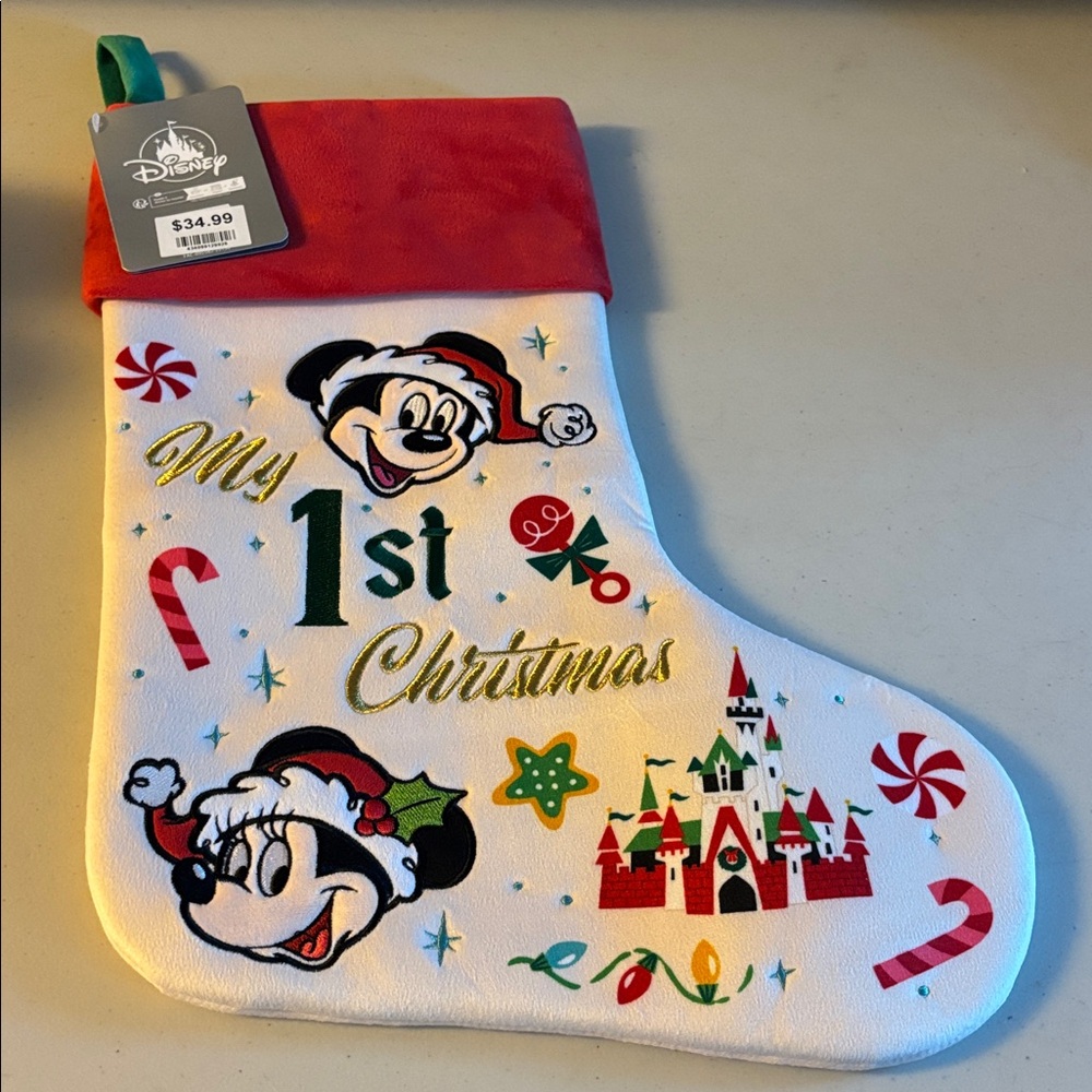 Disney Red Holiday Stocking. Baby’s 1st Christmas. Very soft new